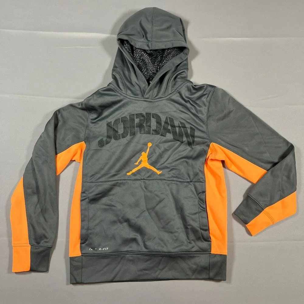 Jordan Therma Fit Hoodie Boys M 10-12 Gray Orange Jumpman Logo Kangaroo Pocket